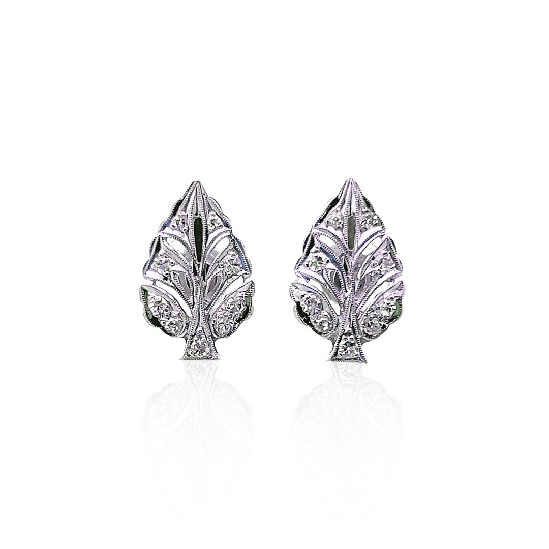 Estate 14K White Gold 0.26CTW Diamond Leaf Stud Earrings