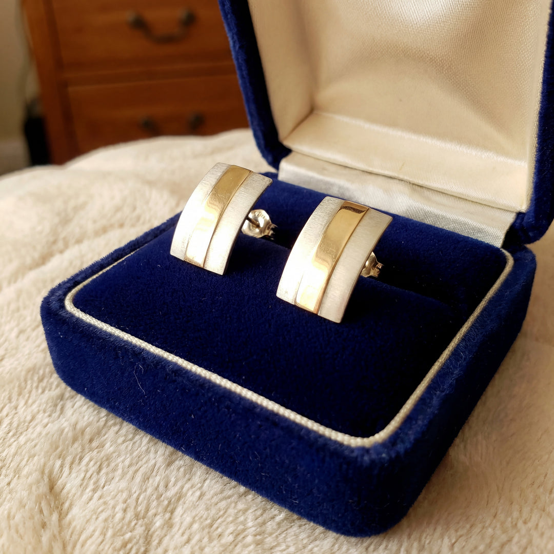 Estate Sterling Silver and 14K Yellow Gold Artisanal Stud Earrings