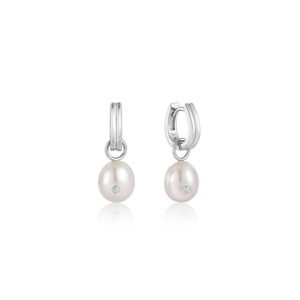 Sterling Silver Pearl Sparkle Huggie Hoop Drop Earrings by Ania Haie