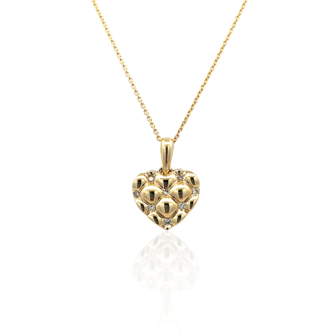 10K Yellow Gold 0.03CTW Quilted Diamond Heart Pendant Necklace
