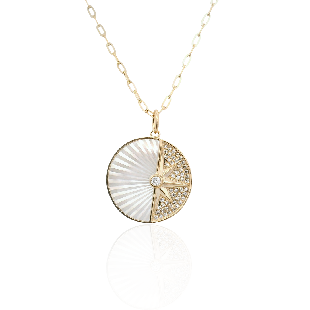 14K Yellow Gold Mother of Pearl & Diamond Celestial Pendant Necklace