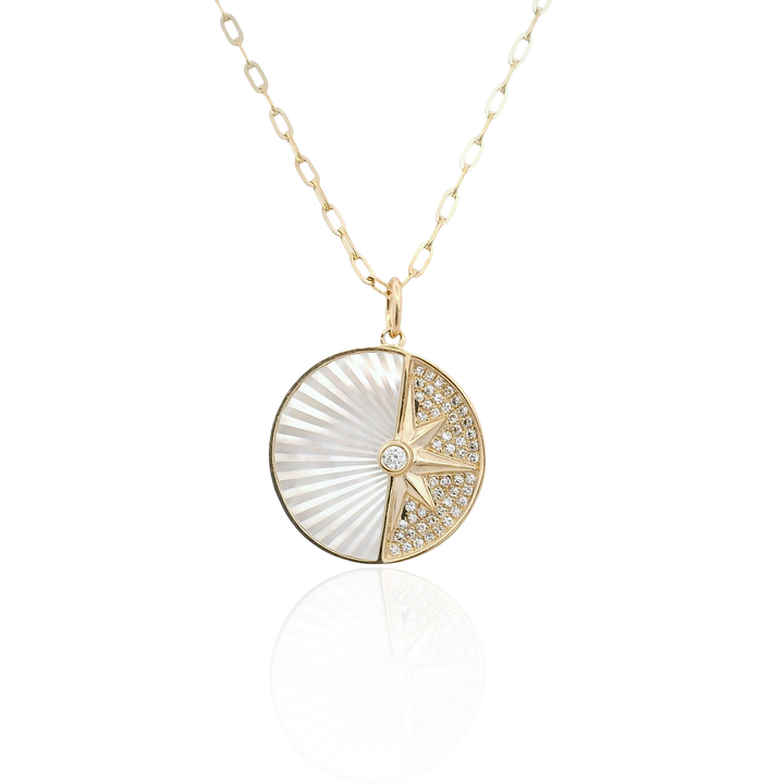 14K Yellow Gold Mother of Pearl & Diamond Celestial Pendant Necklace