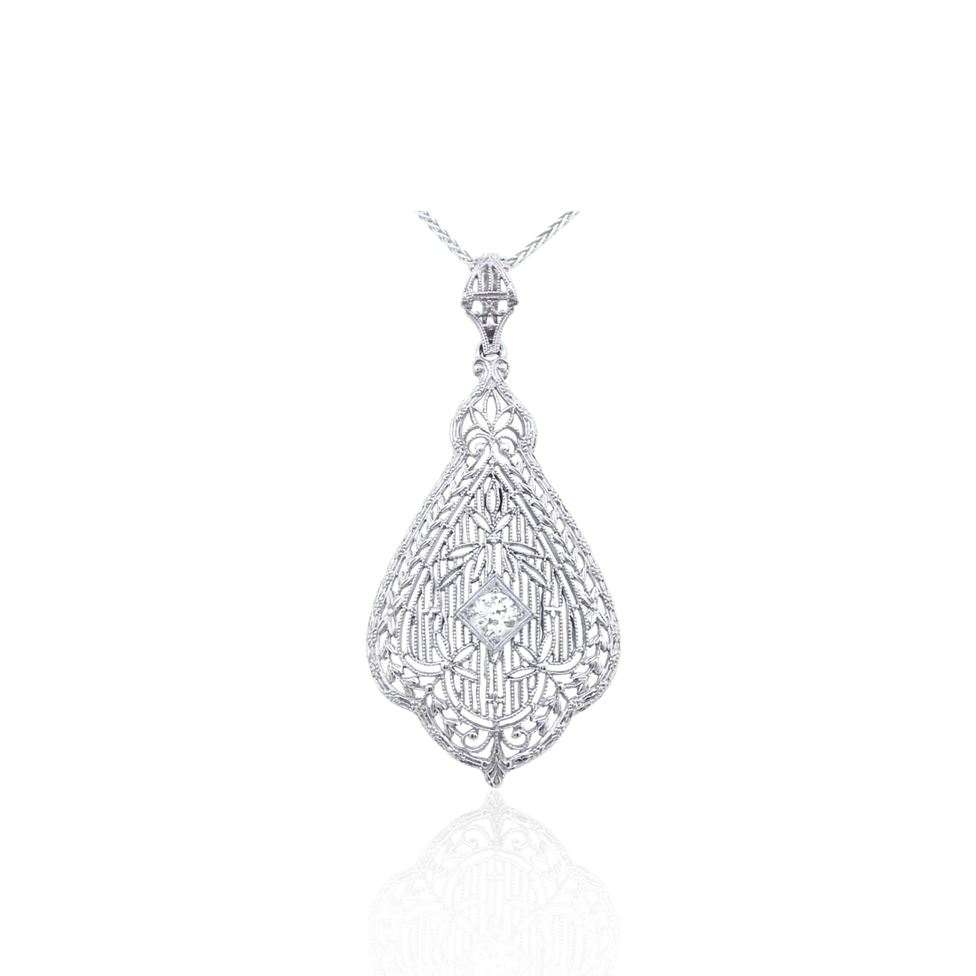 Estate 14K White Gold 0.20CTW Old European Cut Diamond Art Deco Filigree Pendant