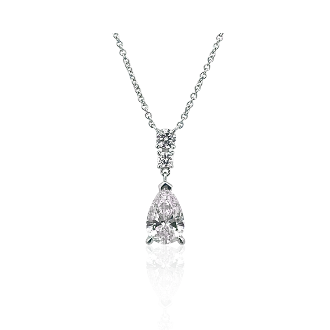 14K White Gold 1.16ctw Round & Pear Lab Diamond Drop Necklace