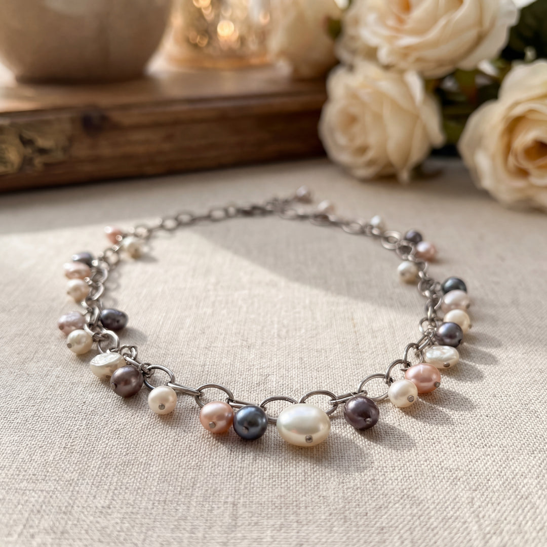 Estate Sterling Silver Multi-Color Baroque Pearl Fringe Necklace