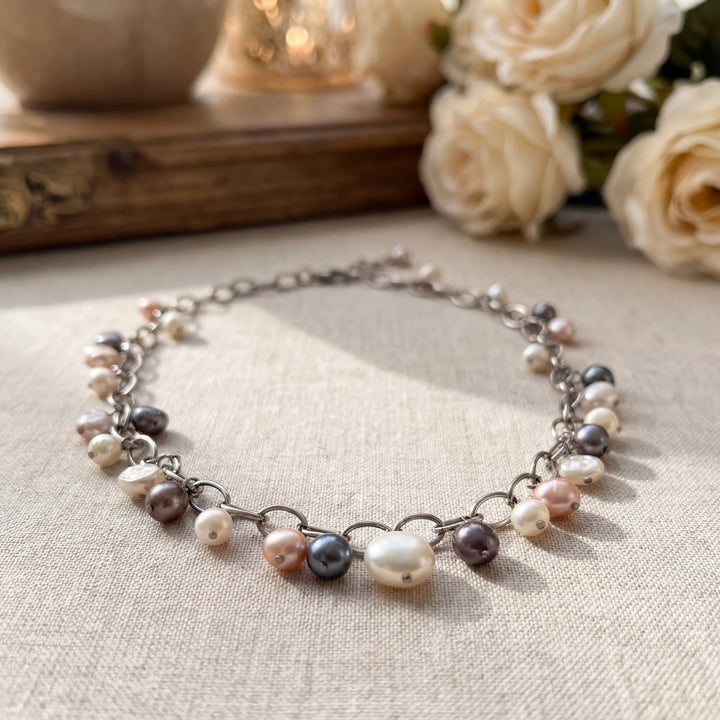Estate Sterling Silver Multi-Color Baroque Pearl Fringe Necklace