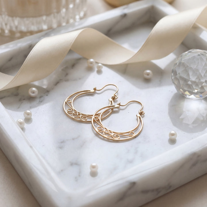 Estate 14K Yellow Gold Scroll Openwork Hoop Earrings
