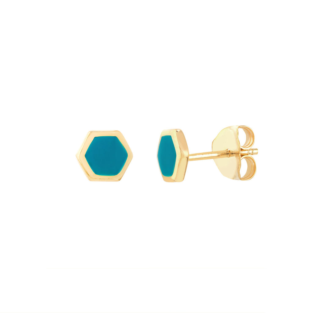 14K Yellow Gold Turquoise Enamel Geometric Stud Earrings by Midas Chain