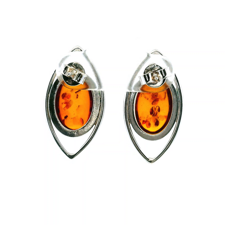 Estate Sterling Silver Oval Cabochon Amber Stud Earrings
