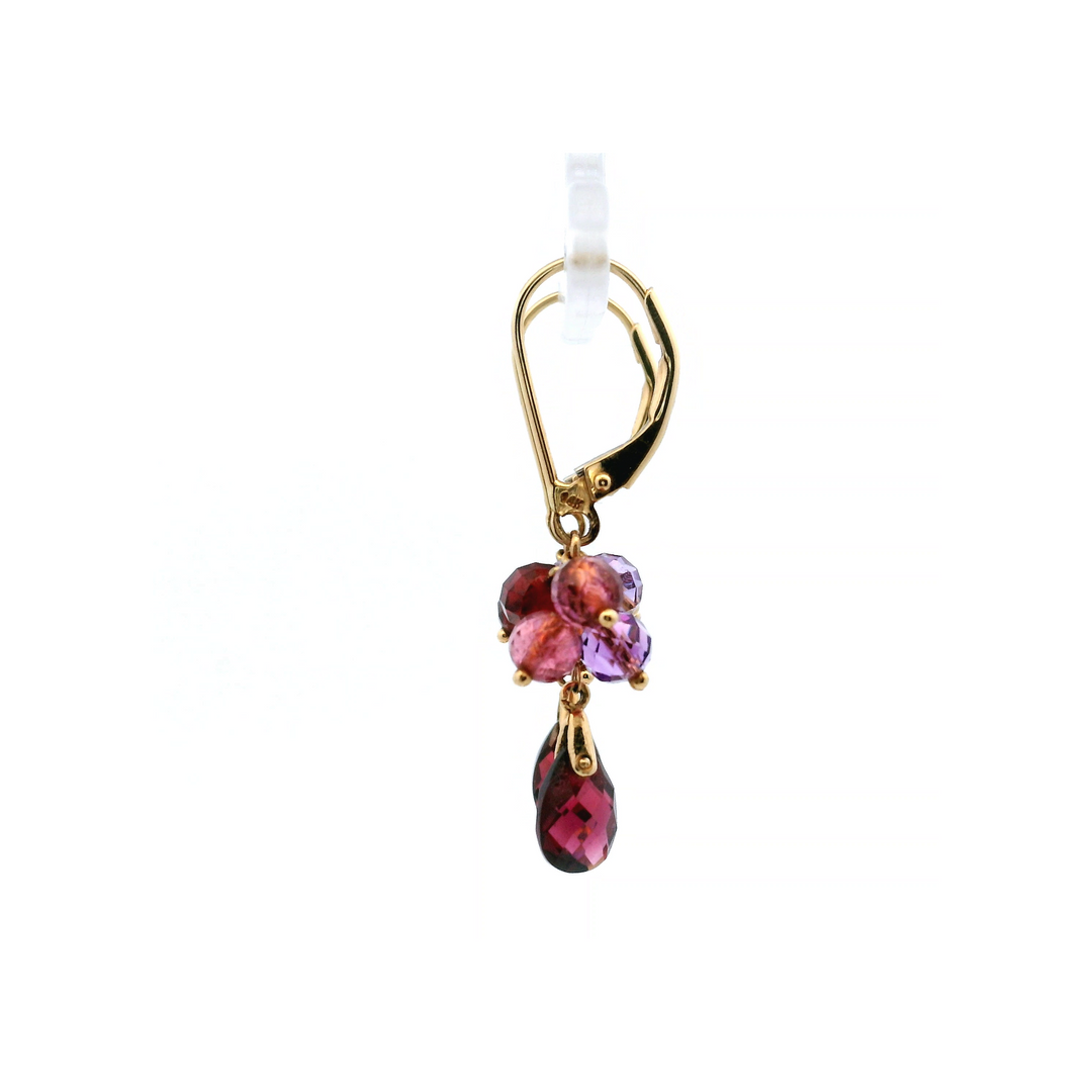 Estate 14K Yellow Gold Pink Tourmaline, Amethyst & Garnet Bead Cluster Dangle Earrings