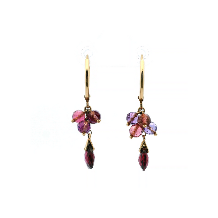 Estate 14K Yellow Gold Pink Tourmaline, Amethyst & Garnet Bead Cluster Dangle Earrings