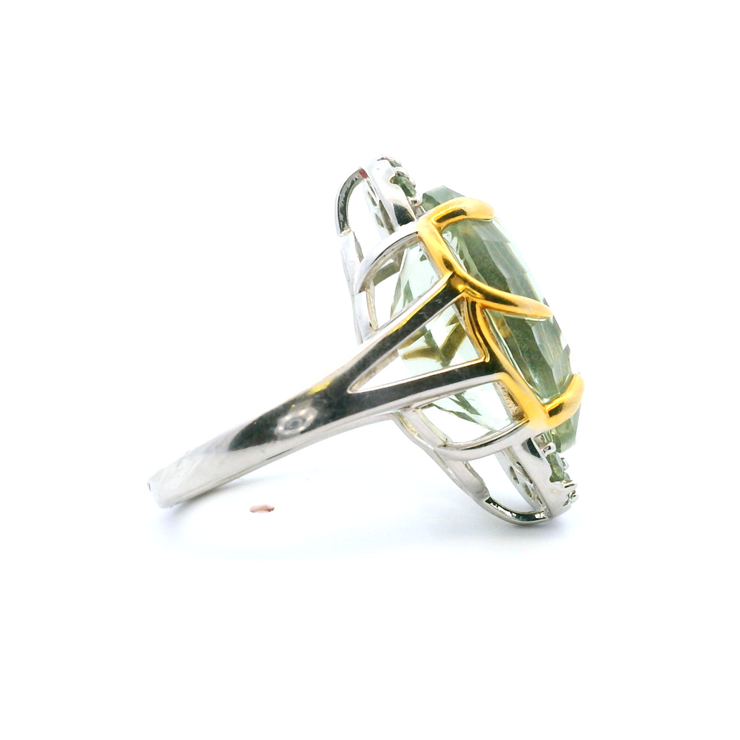 Estate Sterling Silver & 18K Gold Plated Fantasy Cut Prasiolite & Green Sapphire Ring