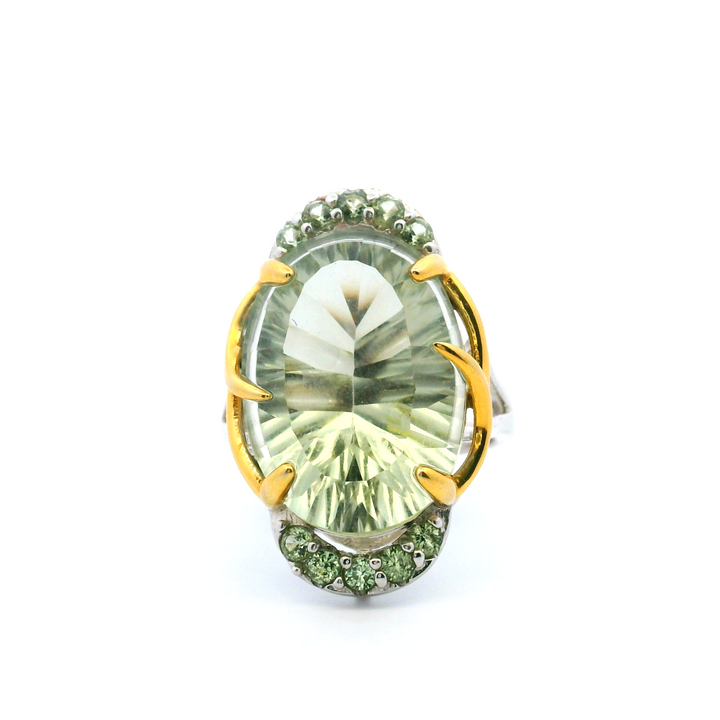 Estate Sterling Silver & 18K Gold Plated Fantasy Cut Prasiolite & Green Sapphire Ring