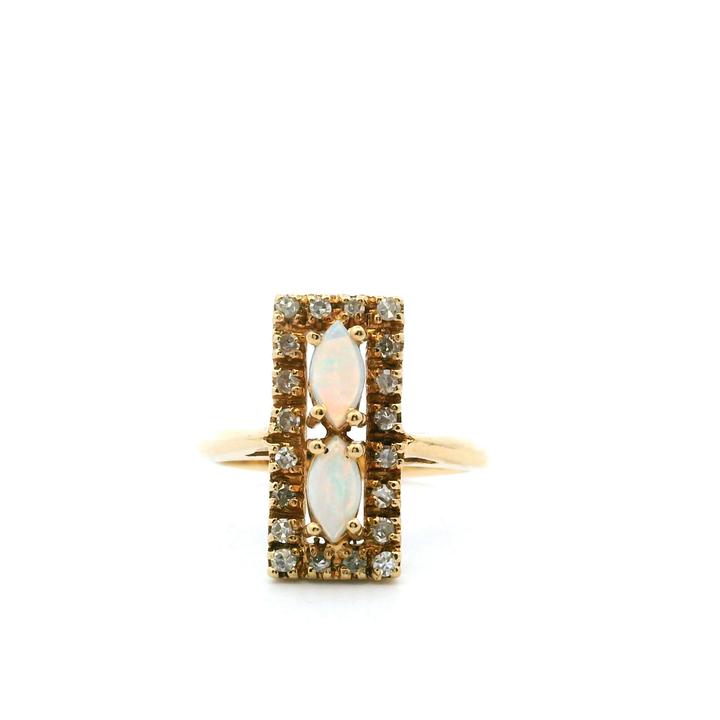 Estate 14K Yellow Gold Marquise Opal & Diamond Rectangular Halo Ring
