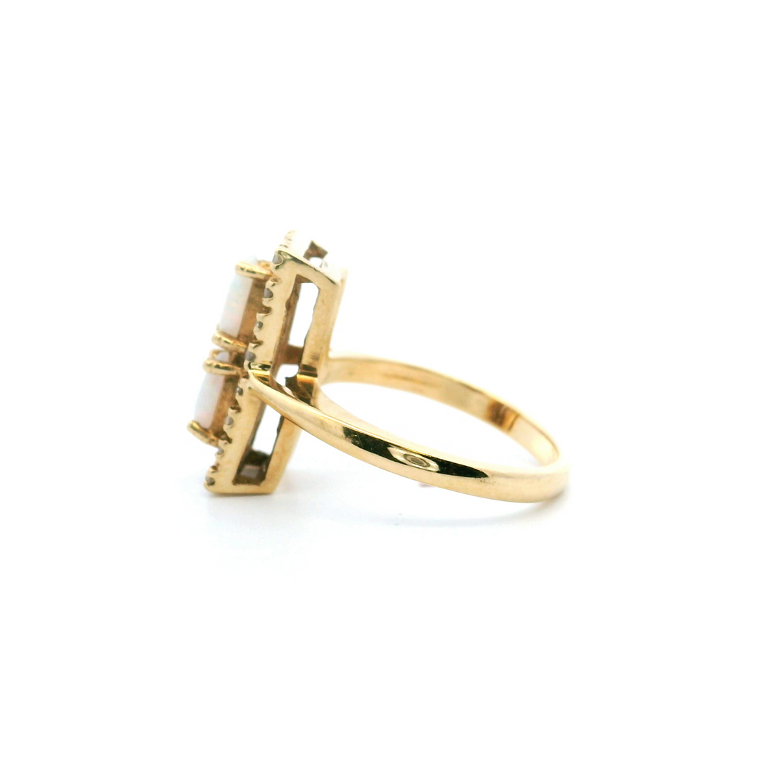 Estate 14K Yellow Gold Marquise Opal & Diamond Rectangular Halo Ring