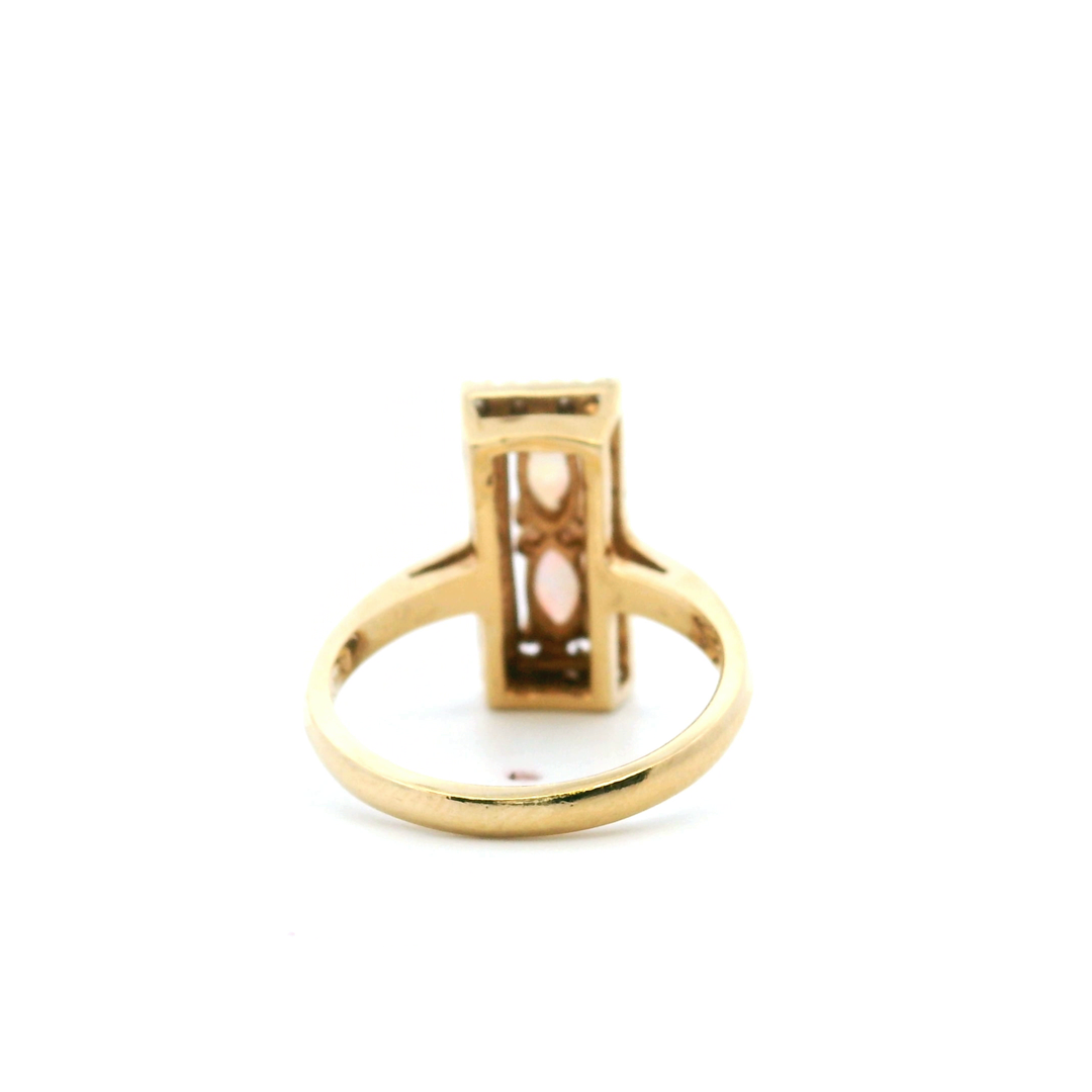 Estate 14K Yellow Gold Marquise Opal & Diamond Rectangular Halo Ring