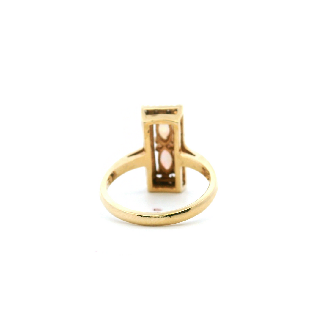 Estate 14K Yellow Gold Marquise Opal & Diamond Rectangular Halo Ring