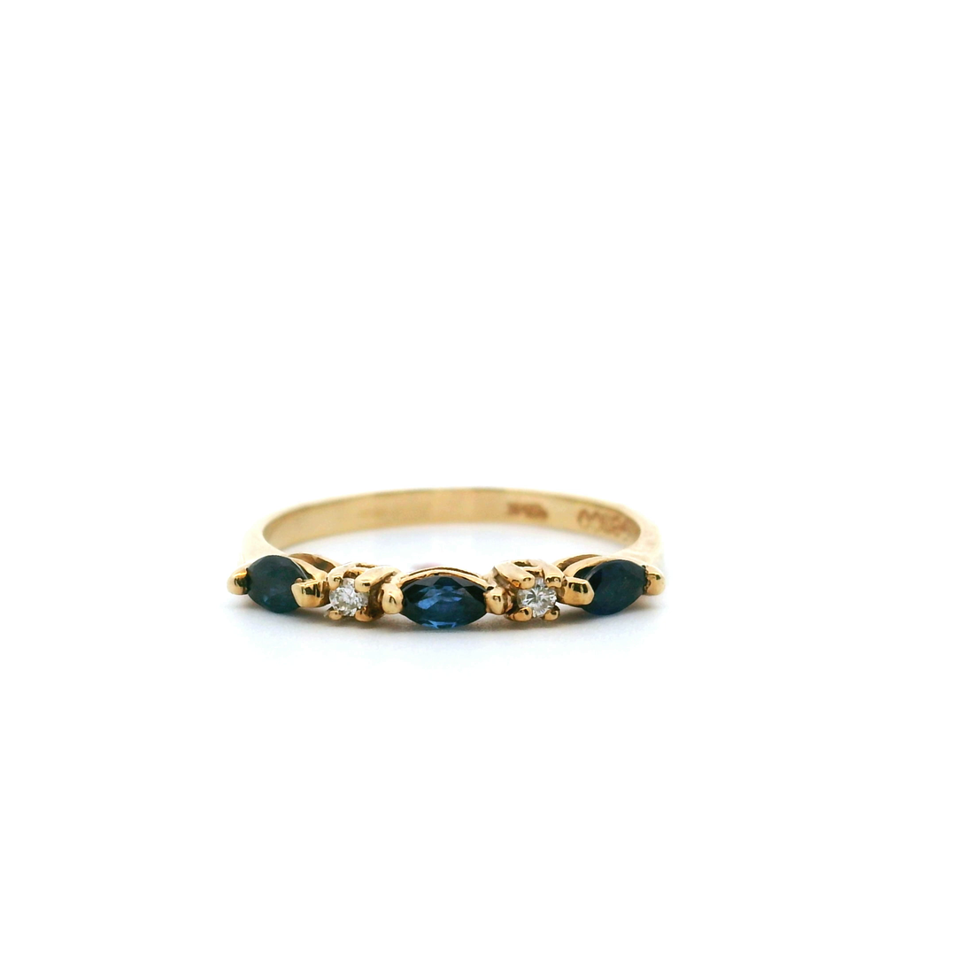 Estate 14K Yellow Gold Marquise Blue Sapphire & Diamond Band Ring