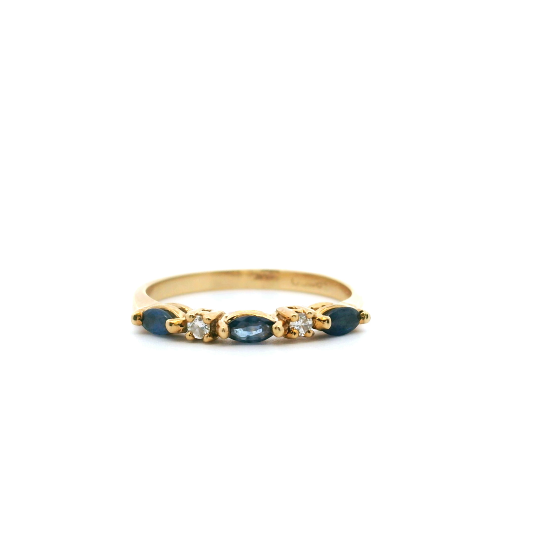 Estate 14K Yellow Gold Marquise Blue Sapphire & Diamond Band Ring