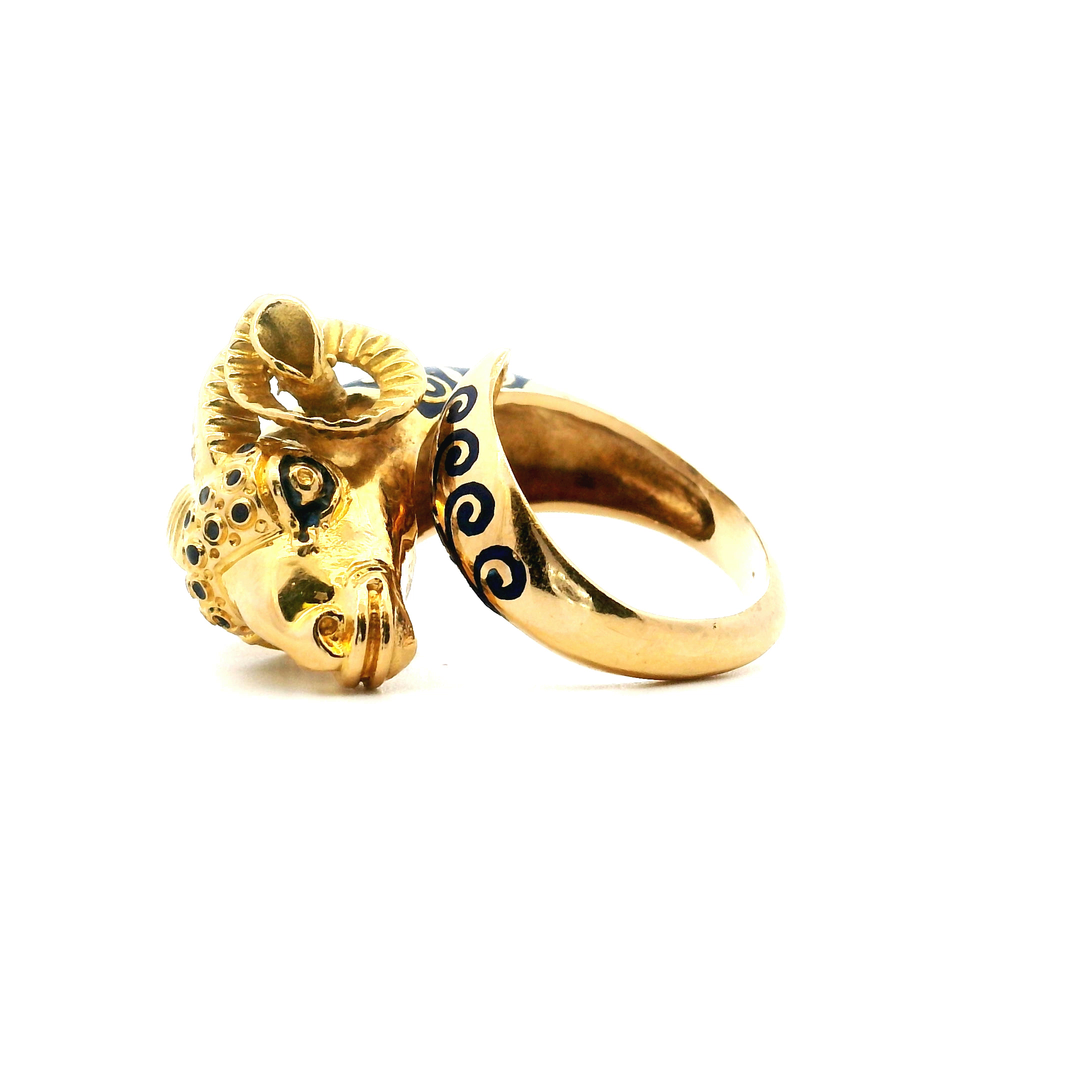 Estate Circa 1960s-1970s 18K Yellow Gold Blue Enamel Ram's Head Bypass Ring
