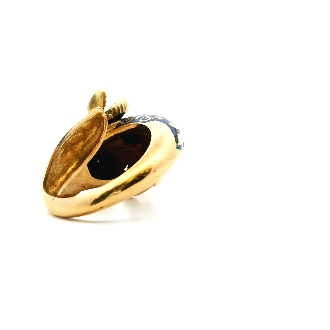 Estate Circa 1960s-1970s 18K Yellow Gold Blue Enamel Ram's Head Bypass Ring