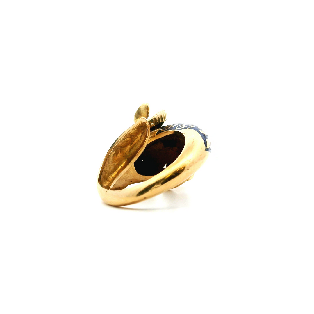 Estate Circa 1960s-1970s 18K Yellow Gold Blue Enamel Ram's Head Bypass Ring