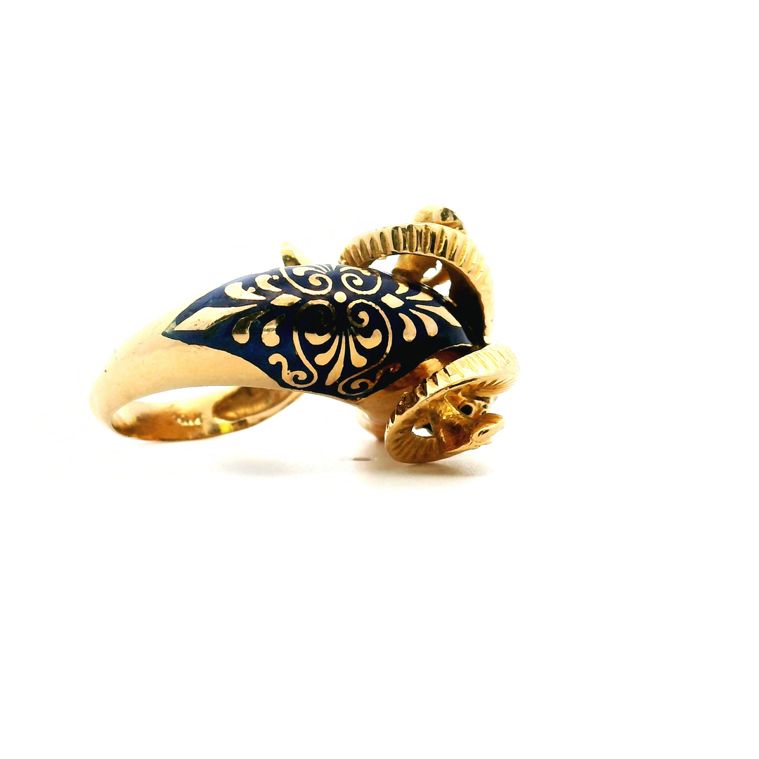 Estate Circa 1960s-1970s 18K Yellow Gold Blue Enamel Ram's Head Bypass Ring