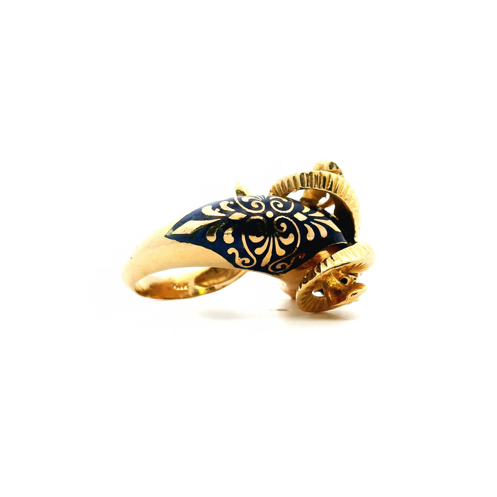 Estate Circa 1960s-1970s 18K Yellow Gold Blue Enamel Ram's Head Bypass Ring
