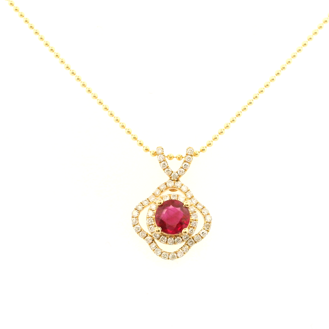 Estate 14KT Yellow Gold Round Ruby & Diamond Cluster Pendant