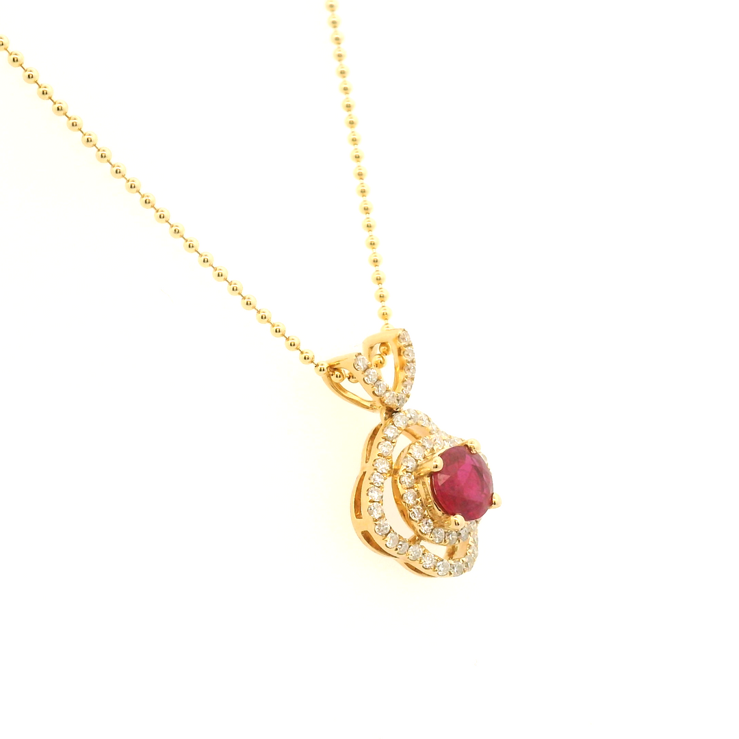 Estate 14KT Yellow Gold Round Ruby & Diamond Cluster Pendant
