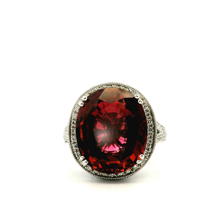 Estate 18KT White Gold Oval Pink Tourmaline & Diamond Cluster Ring