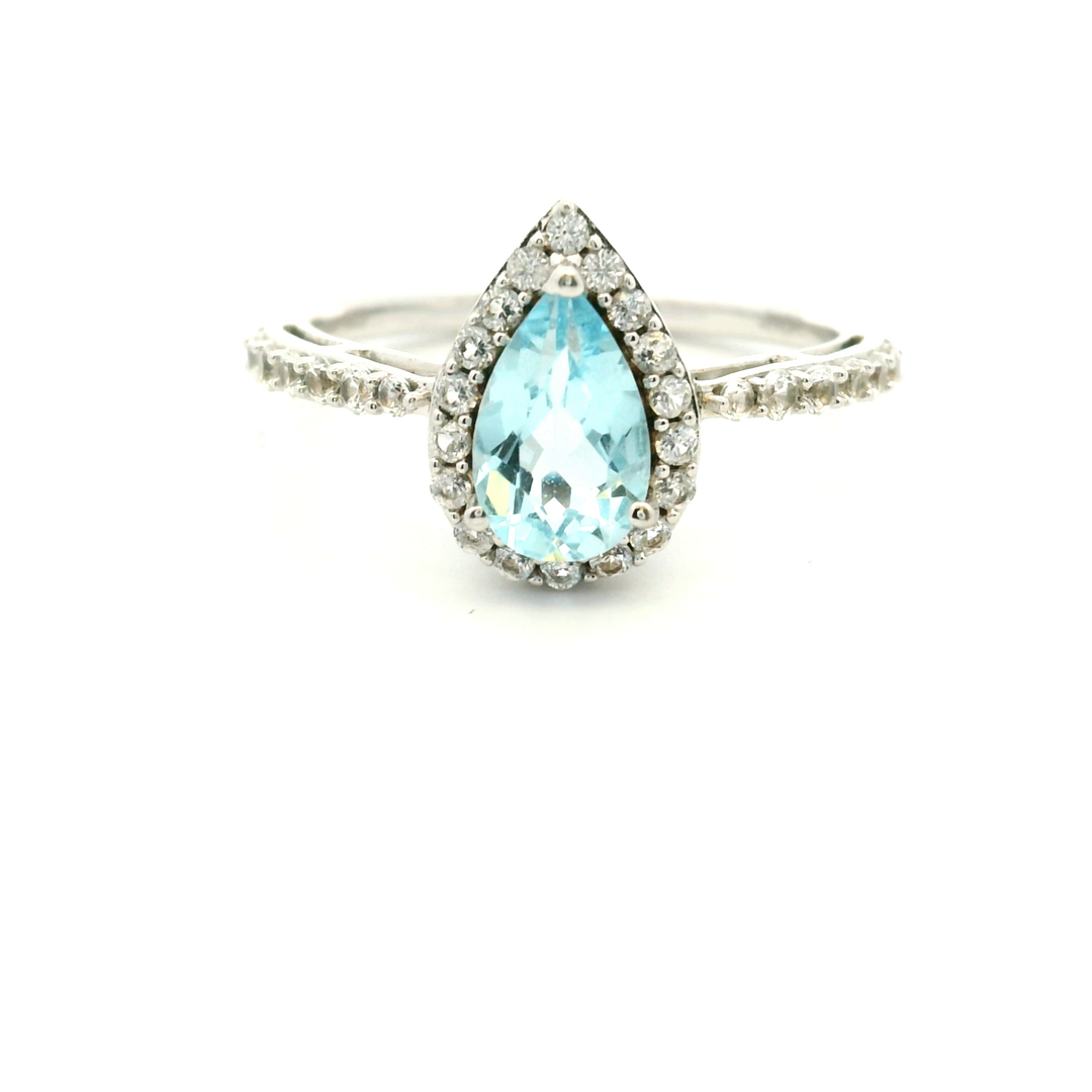 Estate Sterling Silver Pear Blue Topaz & Cubic Zirconia Cluster Ring