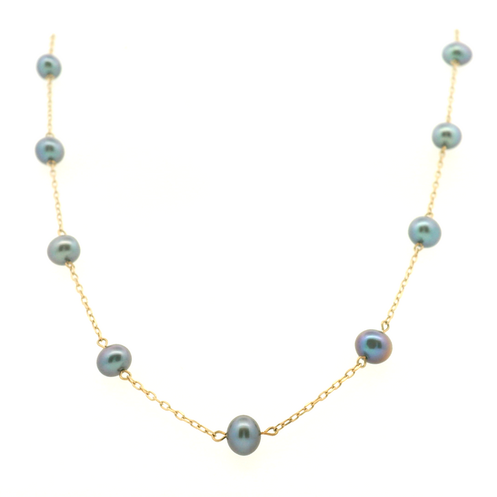 Estate 10KT Yellow Gold Oval Grey Pearl Station Necklace