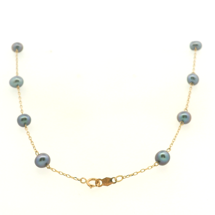 Estate 10KT Yellow Gold Oval Grey Pearl Station Necklace