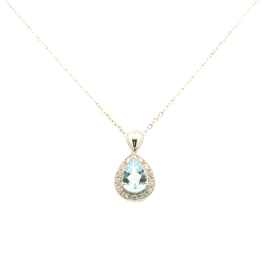 Estate 14KT White Gold Pear Aquamarine & Diamond Cluster Pendant Necklace