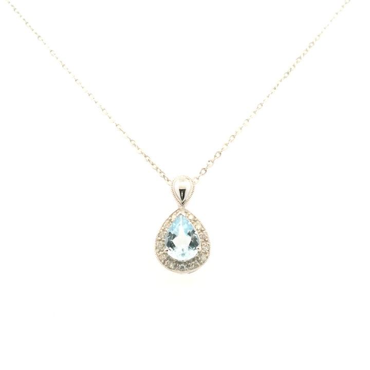 Estate 14KT White Gold Pear Aquamarine & Diamond Cluster Pendant Necklace