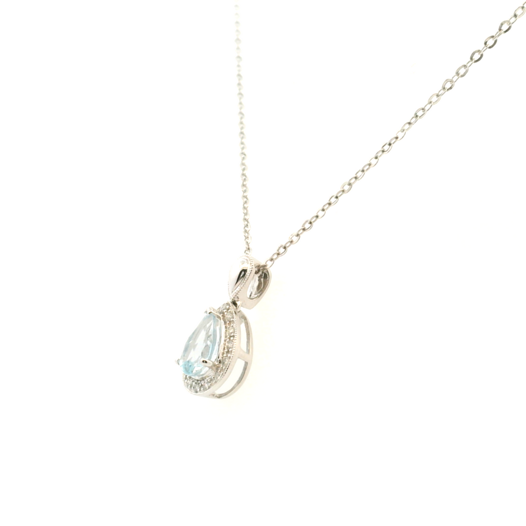 Estate 14KT White Gold Pear Aquamarine & Diamond Cluster Pendant Necklace