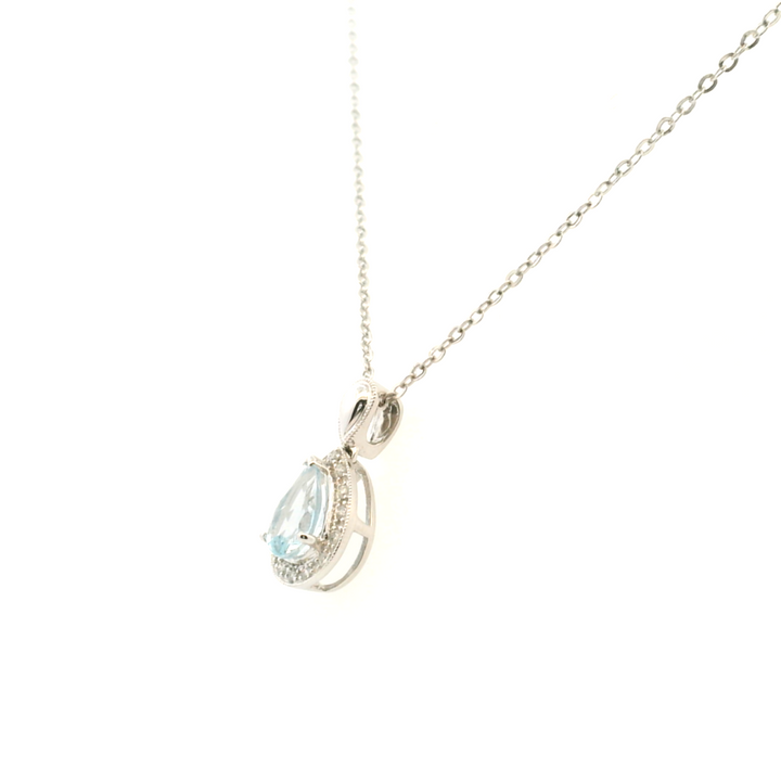 Estate 14KT White Gold Pear Aquamarine & Diamond Cluster Pendant Necklace