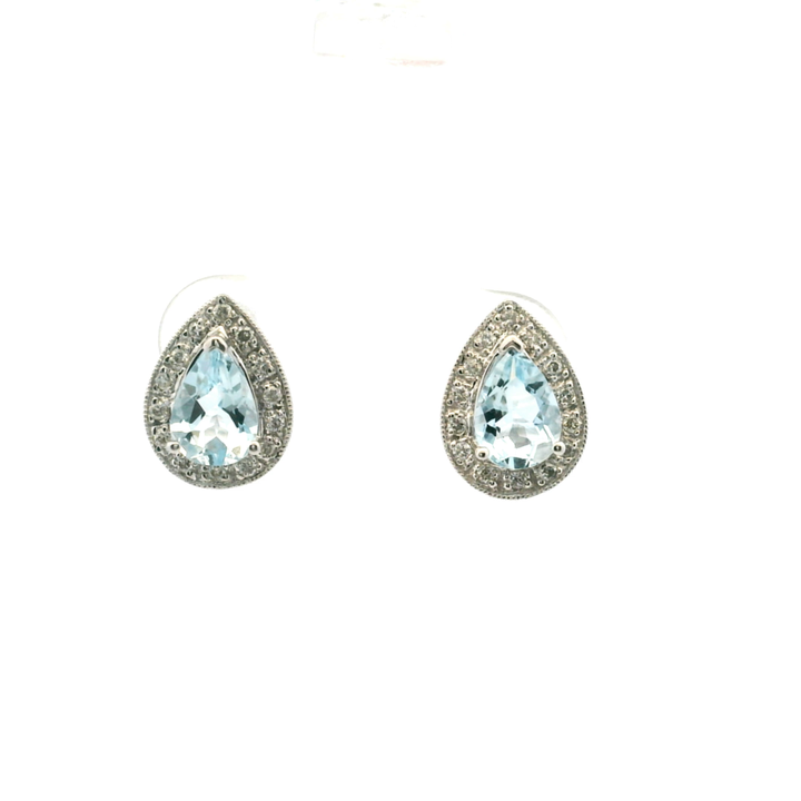Estate 14KT White Gold Pear Aquamarine & Diamond Cluster Studs