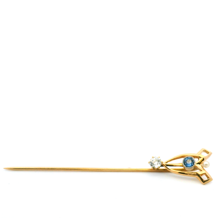 Estate 14KT Yellow Gold Old Mine Cut Diamond, Sapphire & Pearl Stick Pin, Art Nouveau, ca. 1900