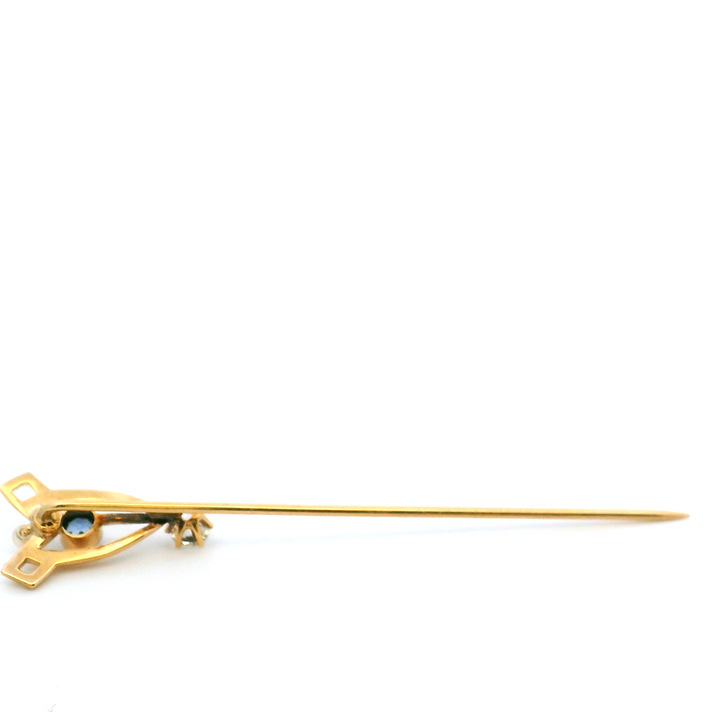 Estate 14KT Yellow Gold Old Mine Cut Diamond, Sapphire & Pearl Stick Pin, Art Nouveau, ca. 1900