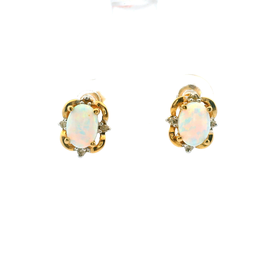 Estate 14KT Yellow Gold Oval Opal & Diamond Studs, ca. 1990's