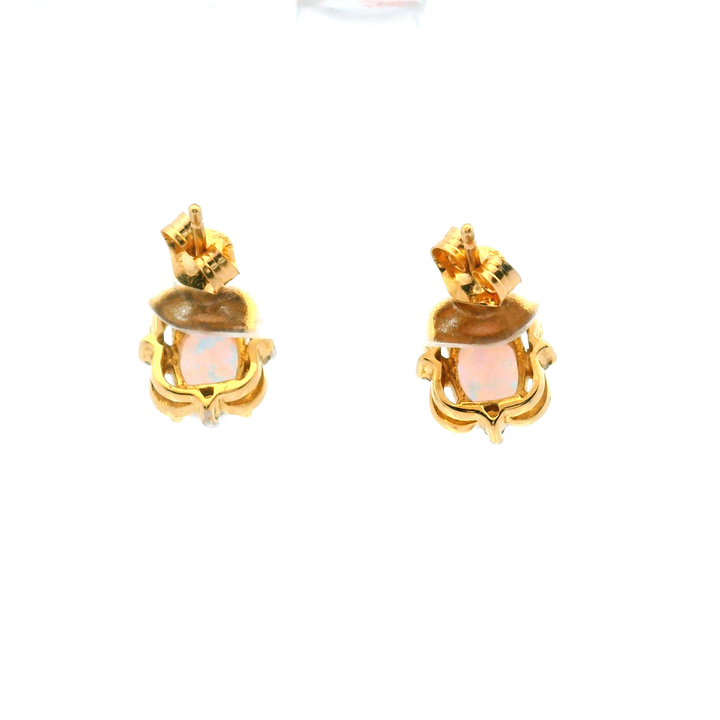 Estate 14KT Yellow Gold Oval Opal & Diamond Studs, ca. 1990's