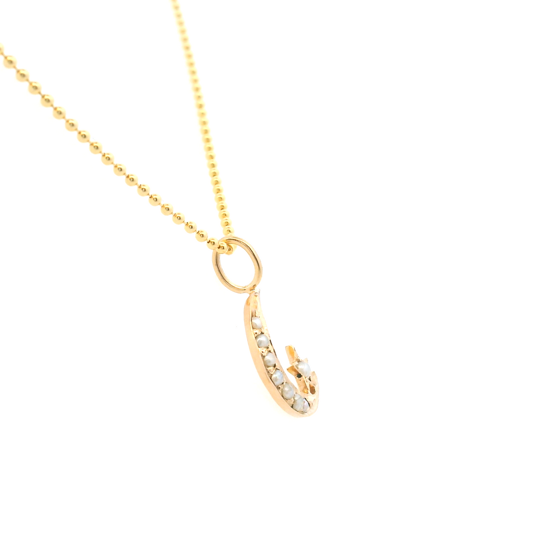 Estate 14K Yellow Gold Antique Edwardian Crescent Moon & Star Seed Pearl Pendant