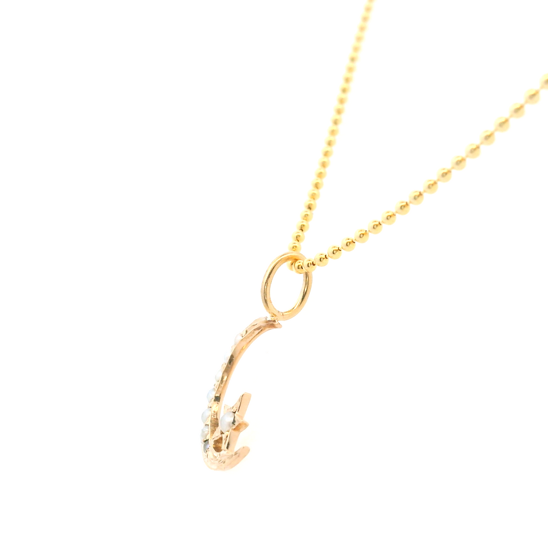 Estate 14K Yellow Gold Antique Edwardian Crescent Moon & Star Seed Pearl Pendant