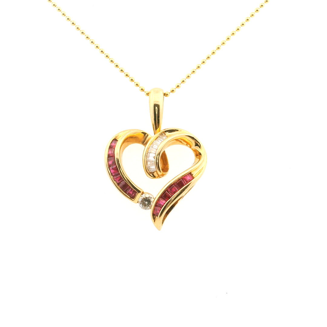 Estate 14KT Yellow Gold Square Ruby & Diamond Heart Pendant