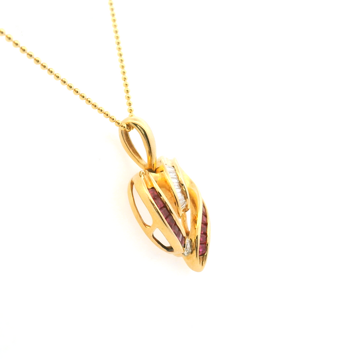 Estate 14KT Yellow Gold Square Ruby & Diamond Heart Pendant