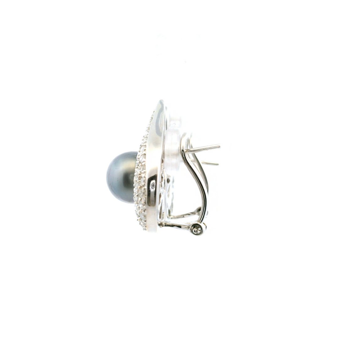 Estate 18K White Gold 9MM Black Pearl & Diamond Cluster Stud Earrings