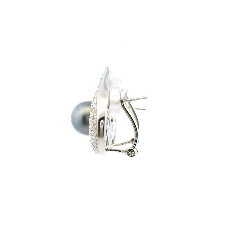 Estate 18K White Gold 9MM Black Pearl & Diamond Cluster Stud Earrings