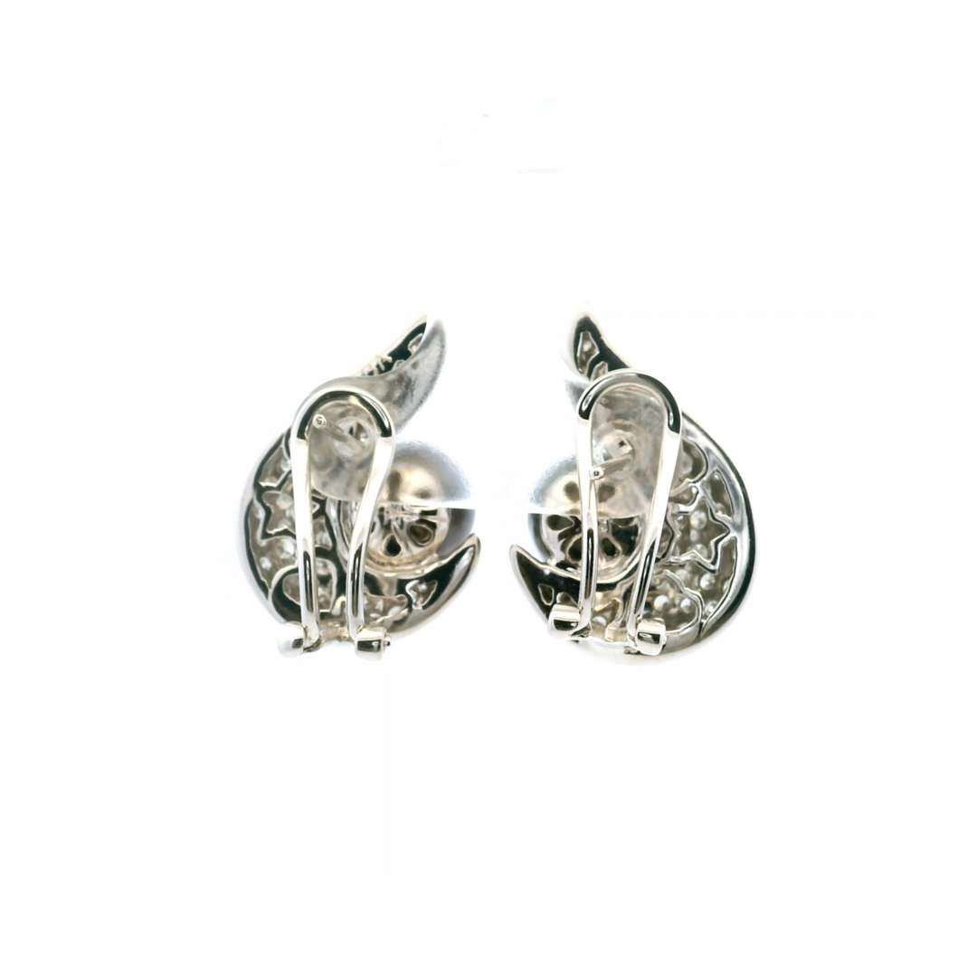 Estate 18K White Gold 9MM Black Pearl & Diamond Cluster Stud Earrings